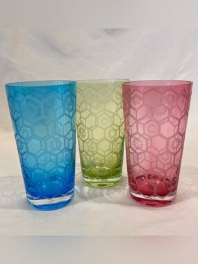 Godinger Modern Vintage Blue Pink Green Floral Highball Glasses Set 3